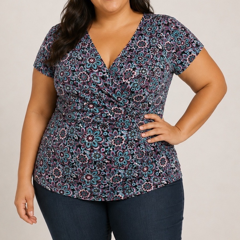 Style & Co Floral Faux Wrap Top XL Stretch Knit Ruched Surplice Neckline‎ Retro